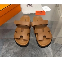 Duplicate Hermes Chypre Flat Sandals in Smooth Leather Brown 223103