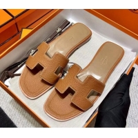 Grade Quality Hermes Oran H Flat Slipper Sandals in Togo Grainy Calfskin Brown 0308052
