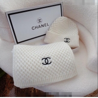 Most Popular Chanel Wool Knit Hat and Scarf Set 35x220cm 1207 White 2022