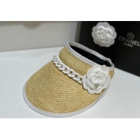 Cheap Chanel Visor Straw Hat wit Chain and Camellia Bloom C1624 White 2023