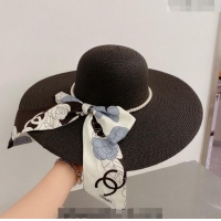 Best Quality Chanel Straw Wide Brim Hat with Pearls Band C0307 Black 2023