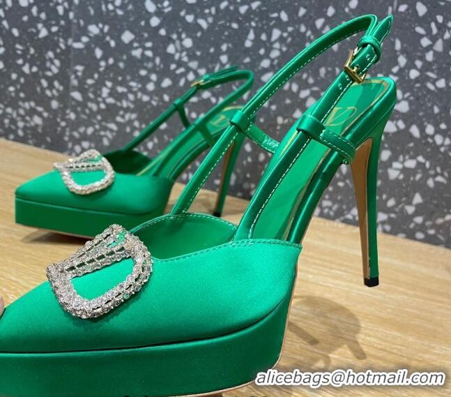 Sophisticated Valentino Crystal VLogo Silk Platform Slingback Pumps 10.3cm Green 020962