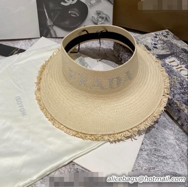 Reasonable Price Prada Visor Straw Hat with Crystal Logo P0307 Beige 2023