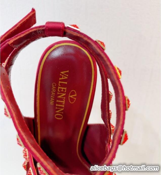 Charming Valentino Rockstu Ankle Strap Heel Pumps 9.5cm with Crystals Dark Red 0323072