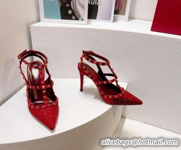 Charming Valentino Rockstu Ankle Strap Heel Pumps 9.5cm with Crystals Dark Red 0323072
