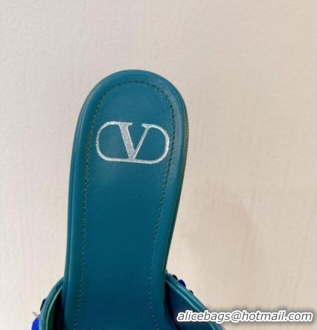 Duplicate Valentino Crystal VLogo Slide Sandals 8cm in Shiny Sequins Blue/Green 330086