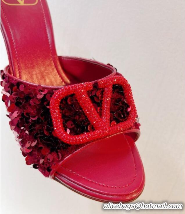 Good Product Valentino Crystal VLogo Slide Sandals 8cm in Shiny Sequins Dark Red 330087