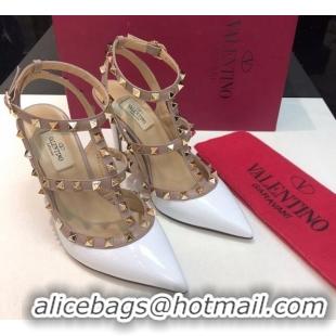 Good Product Valentino Rockstud Patent Leather High Heel Pumps 9.5cm with Double Straps White 330131