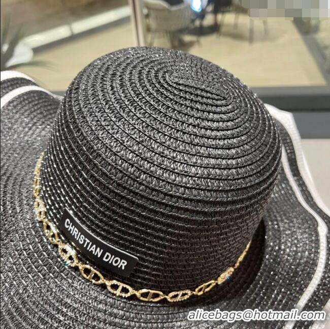 Good Product Dior Straw Hat with Chain D22718 Black 2023