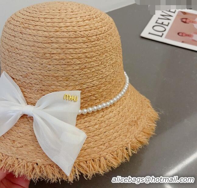 Fashion Grade Miu Miu Straw Hat with Bow and Pearls 0407 White 2023