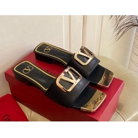 Low Cost Valentino VLogo Leather and metal Slide Sandals Black 301102