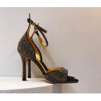 Classic Hot Valentino Tan-Go Heel Sandal 9.5cm with Crystal in Suede Black/Gold 0323058