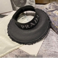Popular Style Prada Visor Straw Hat with Crystal Logo P0307 Black 2023
