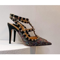 Good Product Valentino Rockstu Ankle Strap Heel Pumps 9.5cm with Crystals Black/Multicolor 0323067