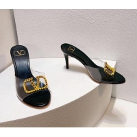 Stylish Valentino VLogo PVC Heel Slide Sandals 8cm Black/Gold 324001