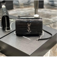 Pretty Style SAINT LAUREN SUNSET CHAIN WALLET IN CROCODILE-EMBOSSED SHINY LEATHER A533026 BLACK