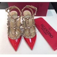 Good Quality Valentino Rockstud Patent Leather High Heel Pumps 9.5cm with Double Straps Red 330133