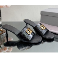 Good Looking Balenciaga BB Medium Heel Slide Sandals 5.5cm in Stone Embossed Calfskin Black 0331048