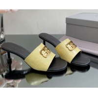 Most Popular Balenciaga BB Medium Heel Slide Sandals 5.5cm in Stone Embossed Calfskin Yellow 0331049