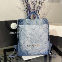 Big Discount Chanel 22 Denim Backpack Bag AS3859 Light Blue/Blue 2023
