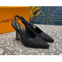 Grade Quality Louis Vuitton Sparkle Crystal Slingback Sandals with Chain 9.5cm Black 020912