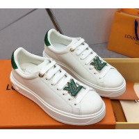 Good Looking Louis Vuitton Time Out Sneaker in White Leather with LV Charm and Crystals Green 3022878