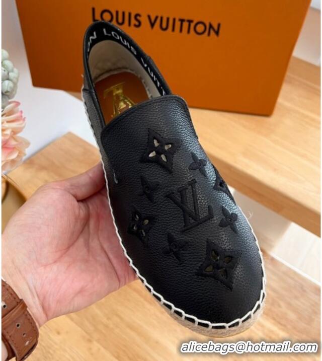 Best Grade Louis Vuitton Bidart Grained Leather Espadrilles with Monogram Embroidery Black 329075