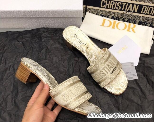 Luxury Dior Dway Heeled Slide Sandals 4cm in White and Gold Cotton Embroidered with Jardin d'Hiver Motif 321016