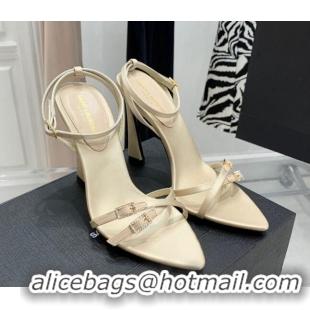 Low Cost Saint Laurent Lila Silk and Leather High Heel Sandals 11cm with Crystal Buckle Light Beige 022539