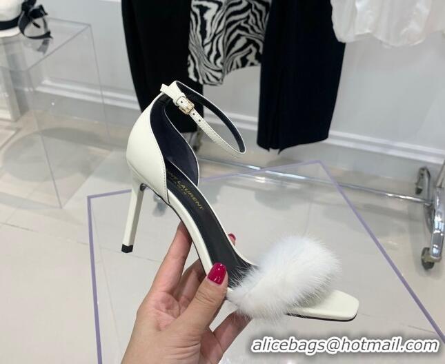 Grade Quality Saint Laurent Amber Patent Leather High Heel Sandals 8.5cm with Mink Fur White 022547