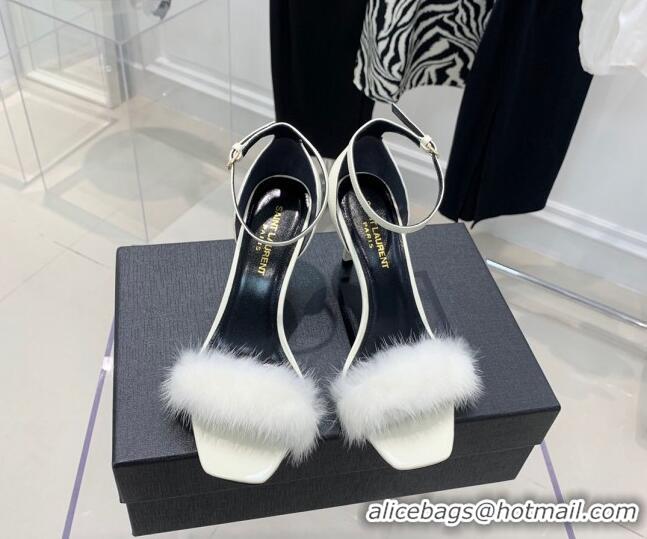 Grade Quality Saint Laurent Amber Patent Leather High Heel Sandals 8.5cm with Mink Fur White 022547