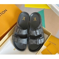 Perfect Louis Vuitton LV Trainer Flat Slide Sandals in Damier Graphite Canvas 0228103