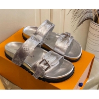 Good Product Louis Vuitton Bom Dia Flat Comfort Slide Sandals in Silver Monogram Metallic Leather 030303