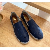 Grade Quality Louis Vuitton Bidart Grained Leather Espadrilles with Monogram Embroidery Navy Blue 329077