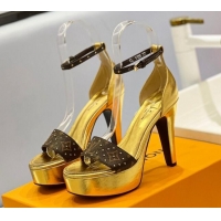 Pretty Style Louis Vuitton Afterglow Platform Sandal 11.5cm in Gold Leather and Studded Monogram Canvas 329089