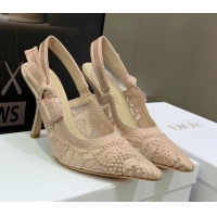 Good Looking Dior J'Adior Slingback Pumps 9.5cm in Nude Macrame Embroidered Cotton 122317