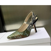 Perfect Dior J'Adior Slingback Pumps 9.5cm in Green Brocart Embroidered Cotton 020804