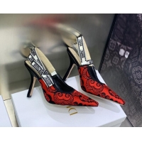 Luxurious Dior J'Adior Slingback Pumps 9.5cm in Black and Red Cotton with Bandana Embroidery 030231