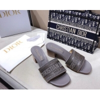Best Grade Dior Dway Heeled Slide Sandals 4cm in Grey Cotton Embroidered 0321024