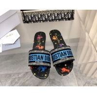 Classic Hot Dior Dway Flat Slide Sandals in Blue/Black Cotton Embroidered with Pixel Zodiac Motif 0321033