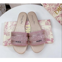 Hot Style Dior Dway Flat Slide Sandals in Crystal Embroidery Pink 0325063