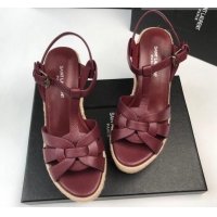 Perfect Saint Laurent Grained Leather Wedge Sandals 11cm Burgundy 101406