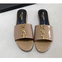 Good Looking Saint Laurent YSL Patent Leather Flat Slide Sandals Grey 122456