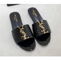 Luxurious Saint Laurent YSL Patent Stone Embossed Leather Flat Slide Sandals Black 122457