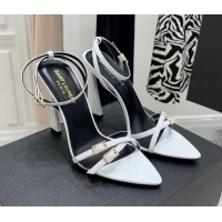 Stylish Saint Laurent Lila Patent Leather High Heel Sandals 11cm with Crystal Buckle White 022535