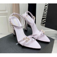 Low Price Saint Laurent Lila Silk and Leather High Heel Sandals 11cm with Crystal Buckle Light Purple 022537