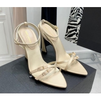 Low Cost Saint Laurent Lila Silk and Leather High Heel Sandals 11cm with Crystal Buckle Light Beige 022539