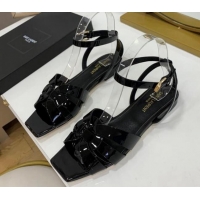 Best Grade Saint Laurent Tribute Patent Leather Flat Sandals Black 022549