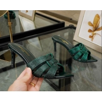 Top Design Saint Laurent Leather Point Toe Heel Slide Sandals with Crystals Green 0324032