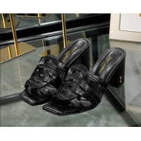 Purchase Saint Laurent Medium Heel Slide Sandals in Embossed Leather Black 0324053